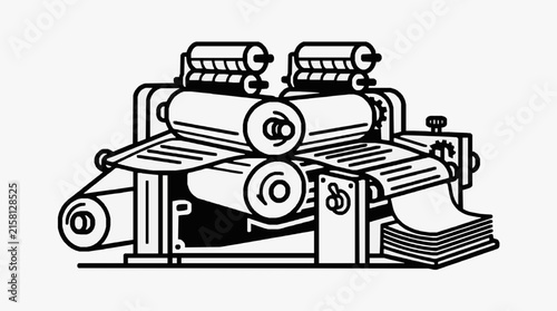 Clean Black and White Line Art of a Vintage Printing Press Machine with Paper Stack with high quality professional line art symbols for modern creative design and digital branding projects
