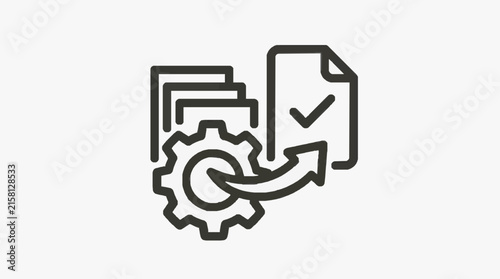 Clean Black and White Icon Set of Gear Folder with Checkmark and Document with Down Arrow with high quality professional line art symbols for modern creative design and digital branding projects