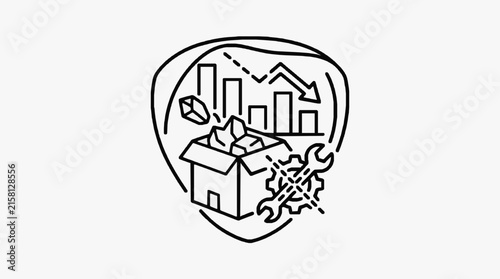 Clean Black and White Line Drawing of Economic Crisis with Buildings Box Wrench and Falling Graph