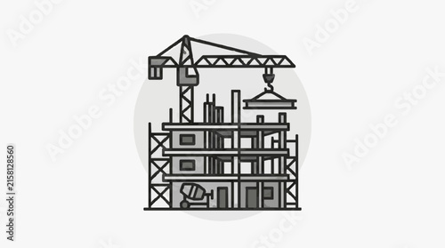 Clean Black and White Line Drawing of Construction Site with Crane and Multi Storied Building Under Construction