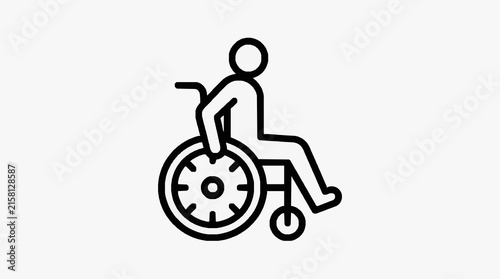Clean Black and White Line Drawing of Person in Wheelchair with Clock Shaped Wheel with high quality professional line art symbols for modern creative design and digital branding projects