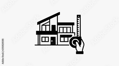 Clean Black and White Line Drawing of House with Measuring Tape and Hand Icon Minimalist Real Estate or Construction