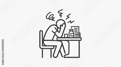 Clean Black and White Line Drawing of Person Feeling Sick or Overwhelmed at Desk with Medication