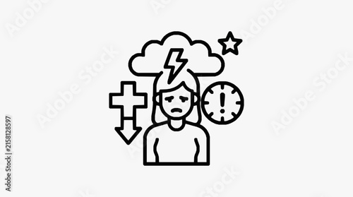 Clean Black and White Line Drawing of Stressed Person with Thought Bubbles Lightning Clock Cross and Star