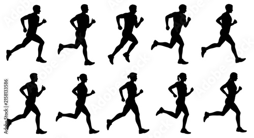 Photography Set of ten running human silhouettes in various poses showing the motion of jogg