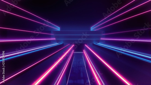 Neon lights converge toward distant point. Futuristic tunnel creates vibrant, dynamic visual experience. Dark background emphasizes glowing lines.