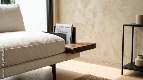 Modern Minimalist Living Room Interior with Wooden Sofa Armrest Tray