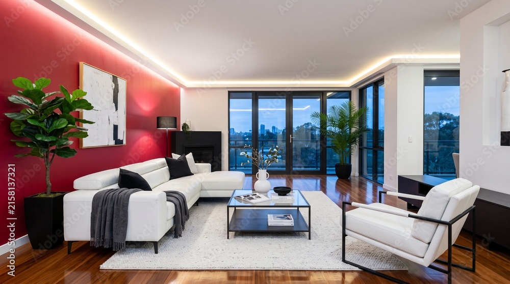 Fototapeta premium Modern Luxury Living Room with Red Accent Wall and City View