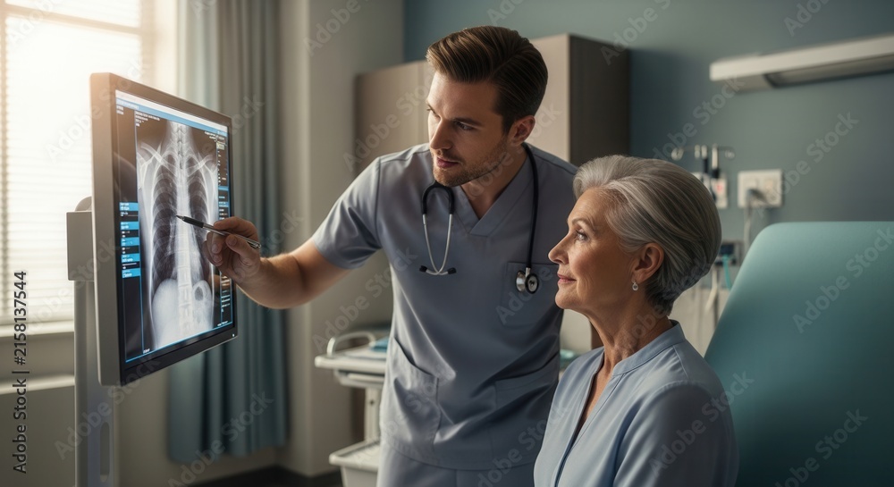 Fototapeta premium Doctor Explaining X-ray Results To Patient In A Modern Hospital Room