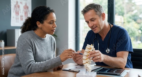 Doctor Explaining Spinal Model To Patient During Consultation