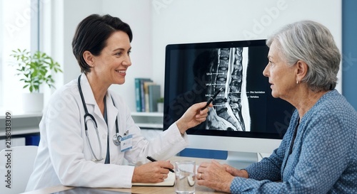 Doctor Explaining Spinal MRI Scan Results To Senior Patient In Consultation Room