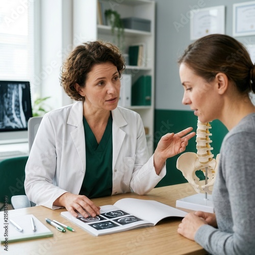 Doctor Explaining Spine Model To Patient In Consultation Room