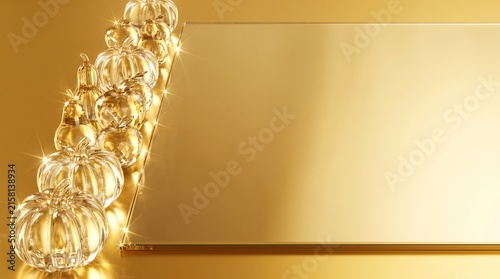 Elegant golden chandelier against a soft gradient background with copy space