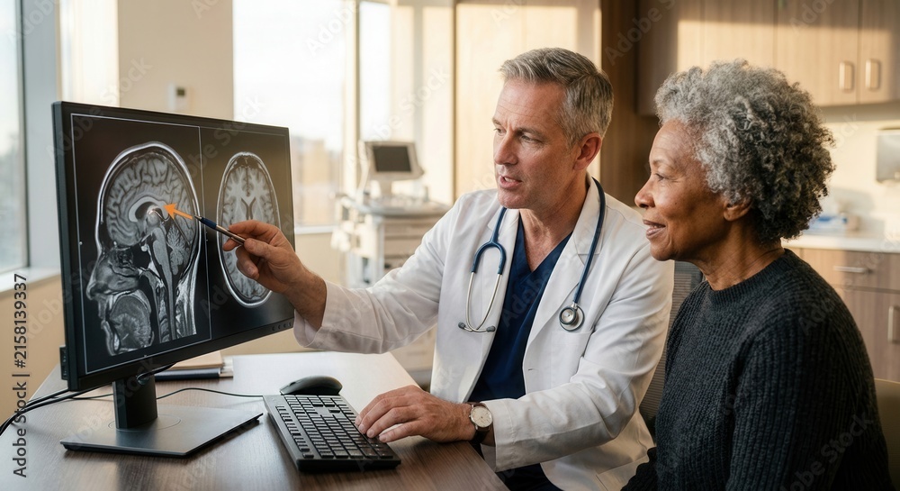 Fototapeta premium Doctor Explains Brain Scan Results To Patient In Medical Office Setting