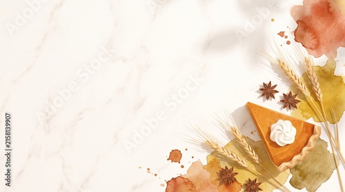 Autumnal background with a slice of pumpkin pie and dried leaves on a light textured surface