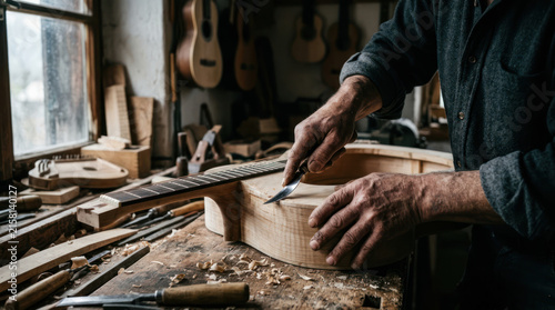Luthier carefully carving wooden instrument body in workshop.