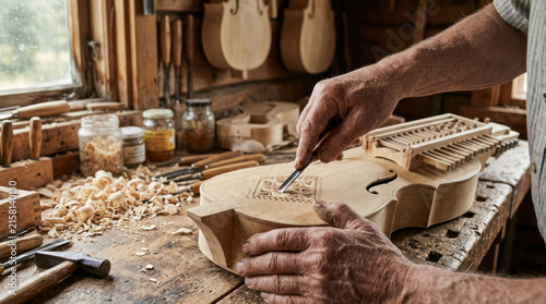 Luthier carving a wooden violin body in a workshop.