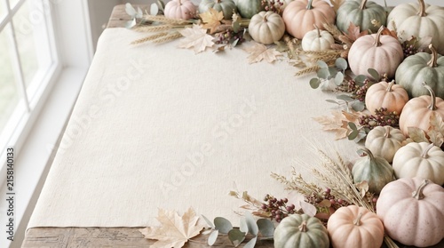 Autumnal background with decorative pumpkins and dried foliage on a white linen tablecloth near a bright window