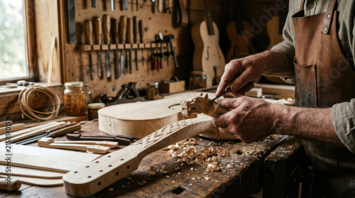 Luthier crafting a guitar neck in a workshop.