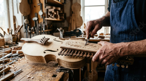 Luthier crafting a violin in a workshop.