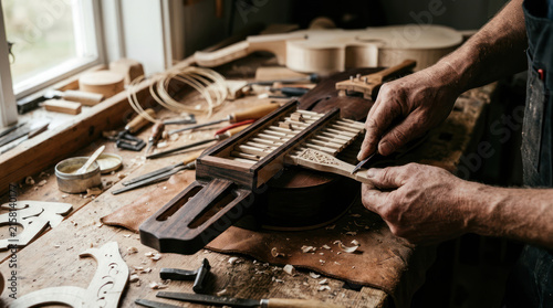 Luthier crafting a wooden instrument with tools on workbench.