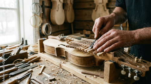 Luthier meticulously crafts a wooden mandolin in a workshop.