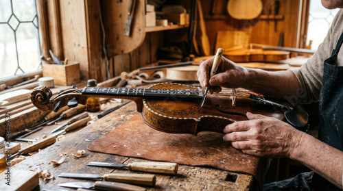 Violin maker meticulously crafting a wooden instrument with tools.