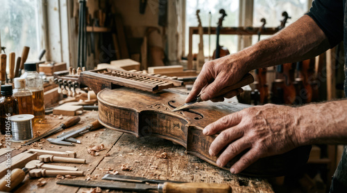 Violin maker meticulously crafting a wooden instrument in workshop.