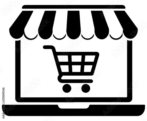 Online shopping concept with a laptop displaying a shopping cart under a storefront awning ideal for e-commerce and digital retail designs