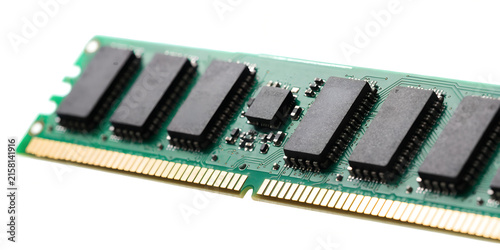 Green Computer Ram Memory Module Stick With Black Chips And Gold Connector Pins Isolated On Clean White Background Showing Hardware Technology Electronics Circuit Component Concept