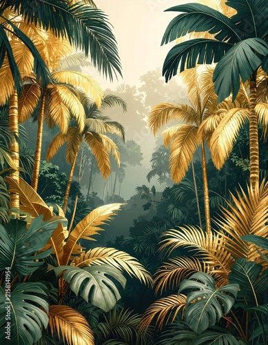 tropical jungle background with palm trees and jungle plants