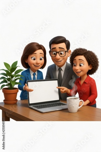 Three animated characters in a modern office setting, two women and one man, pointing at a laptop screen with a steaming coffee cup and a potted plant on the table