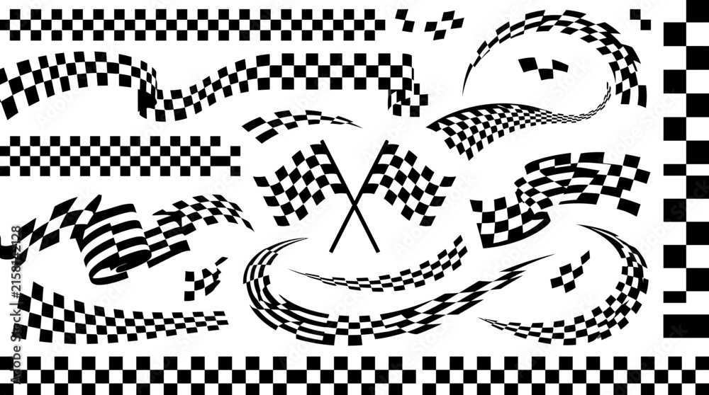 Fototapeta premium Set of waving racing checkered flags and speed stripe borders isolated on white background