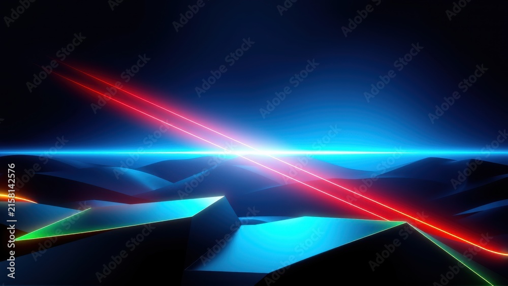 Naklejka premium Retro landscape. Neon glow illuminates jagged peaks, vibrant lines intersect. Dark background emphasizes bright colors, futuristic vibe.