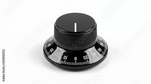 Black industrial control knob with white numeric scale on white backdrop.