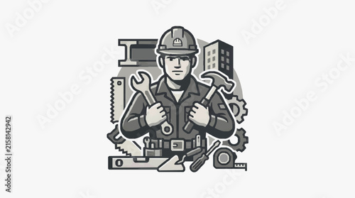 Corporate of a Construction Worker with Tools and Building Elements in Monochrome with high quality professional line art symbols for modern creative design and digital branding projects