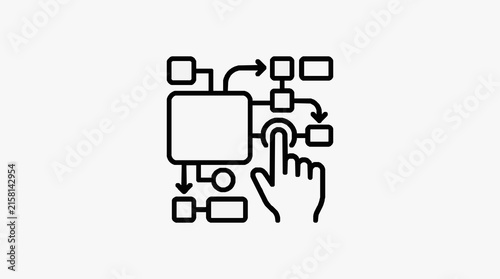 Corporate of a Hand Interacting with a Computer Network System in Monochrome Line Art Style with high quality professional line art symbols for modern creative design and digital branding projects