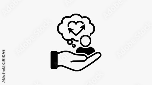 Corporate of a Hand Holding Thought Bubble with Recycling and Heart Symbols in Black and White with high quality professional line art symbols for modern creative design and digital branding projects