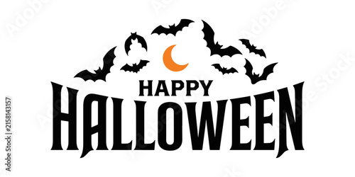 Halloween pumpkin, black bat silhouettes, orange moon, spooky text bats