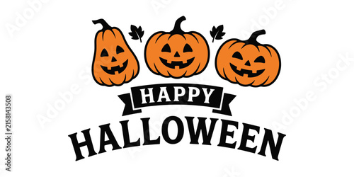 Happy halloween with three orange pumpkins and black bats