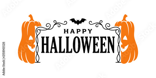 Orange jack-o'-lanterns with halloween text on white background, pumpkins