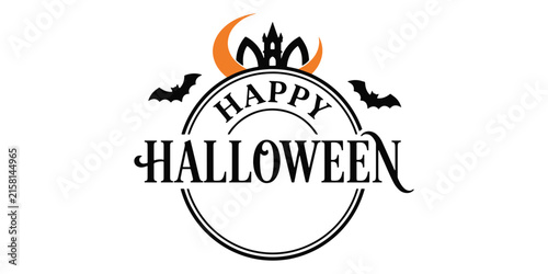 Halloween pumpkin and bat silhouette with text happy halloween orange