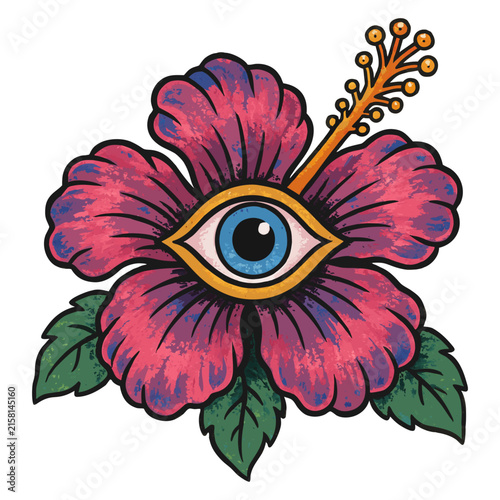 
A vibrant, stylized illustration of a hibiscus flower with a large, detailed eye at its center