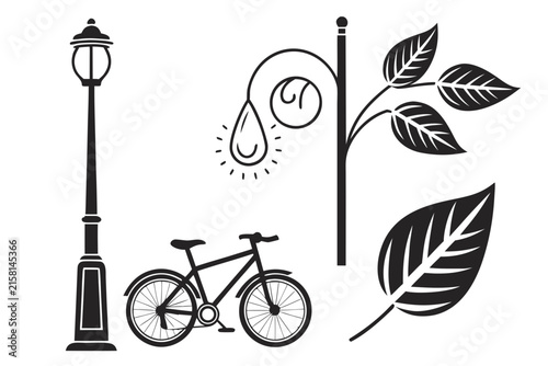 Green eco-friendly icons set with lamp, bike, and leaves