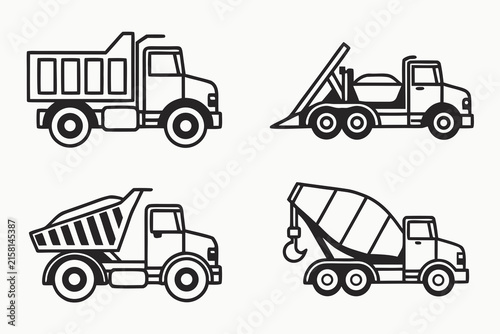 Set of construction trucks and vehicles in side view