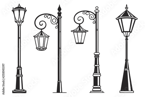 Three black vintage street lamps with hanging flower baskets