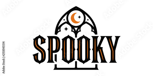 Spooky haunted house silhouette with pumpkin and text halloween