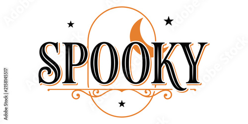 Spooky halloween text with pumpkin and stars, orange and black