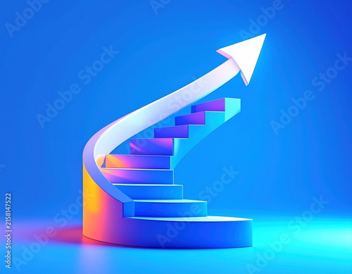 White arrow following the spiral staircase of growth on blue background, 3D arrow climbing up over spiral staircase, 3d stairs with arrow going upward, 3d rendering