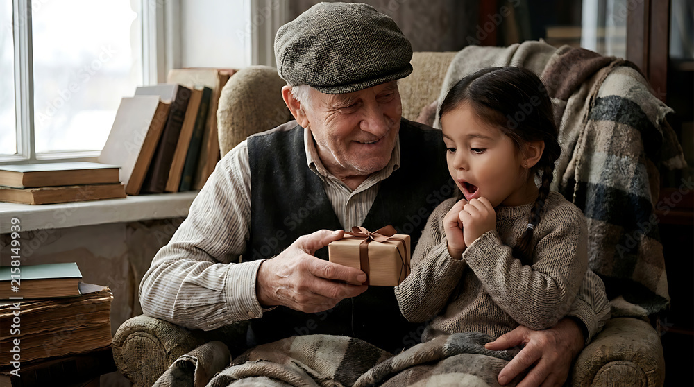 Fototapeta premium Grandfather gives surprise gift box to excited granddaughter creating cozy autumn family moments giving gift box